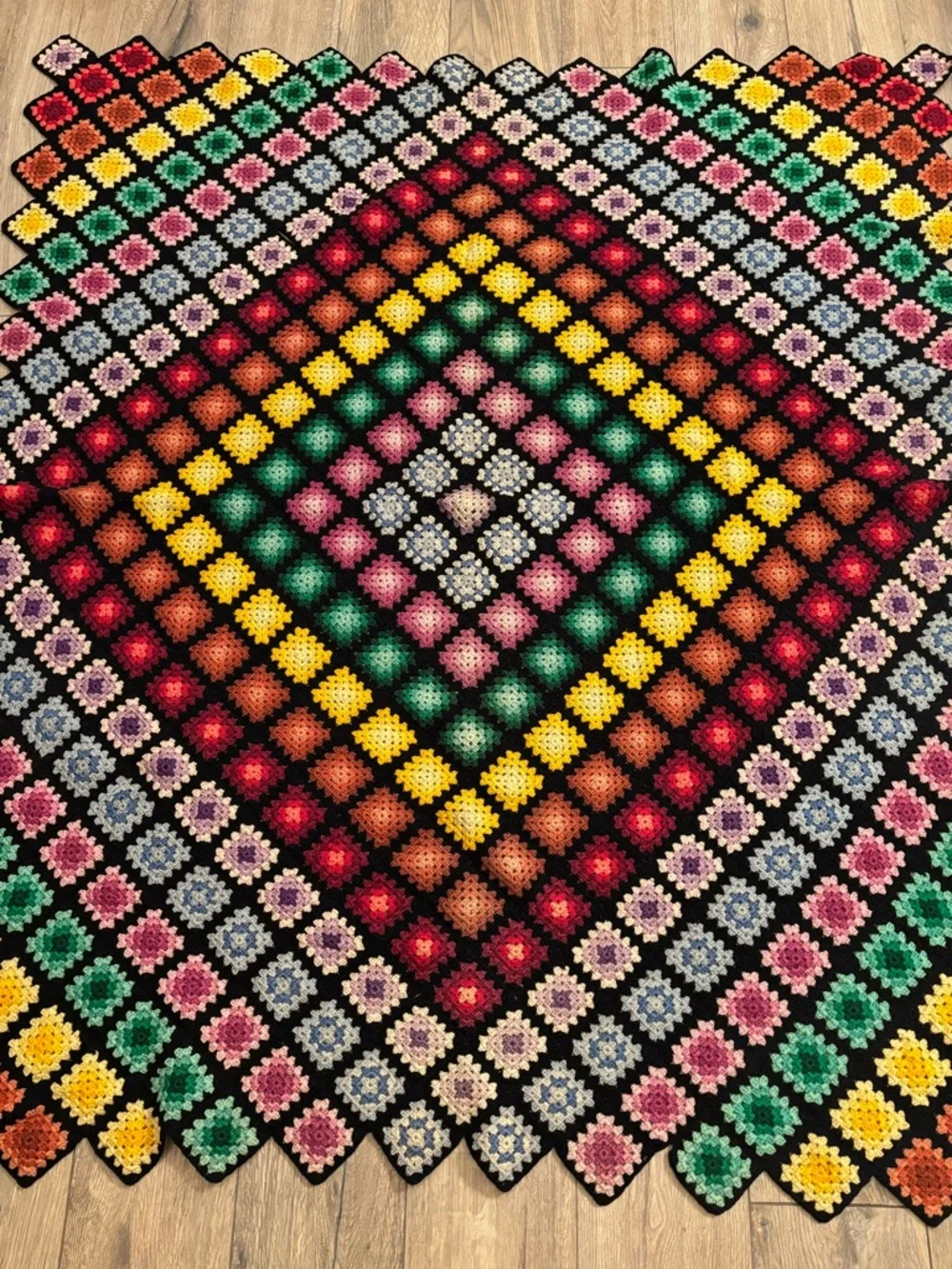 Vintage Hand Crocheted Granny Square Afghan 60x70 Jewel Tone Wool Blanket